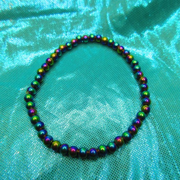 Rainbow Titanium Hematite 4mm Round 7" Stretchy Gemstone Bracelet - Picture 2 of 3